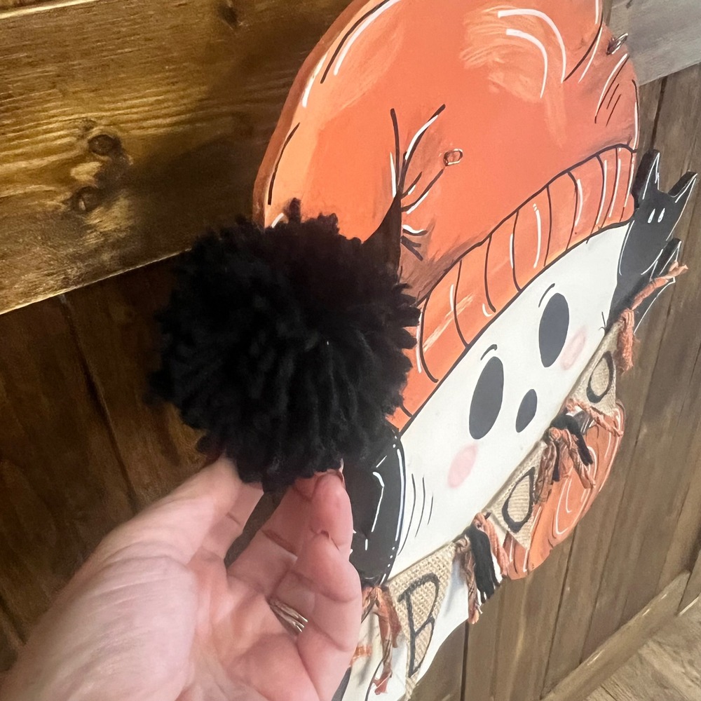 Halloween Ghost Wooden Door Hanger Boo Banner Pumpkin Bats Wall Decor 21x19 - Picture 8 of 11
